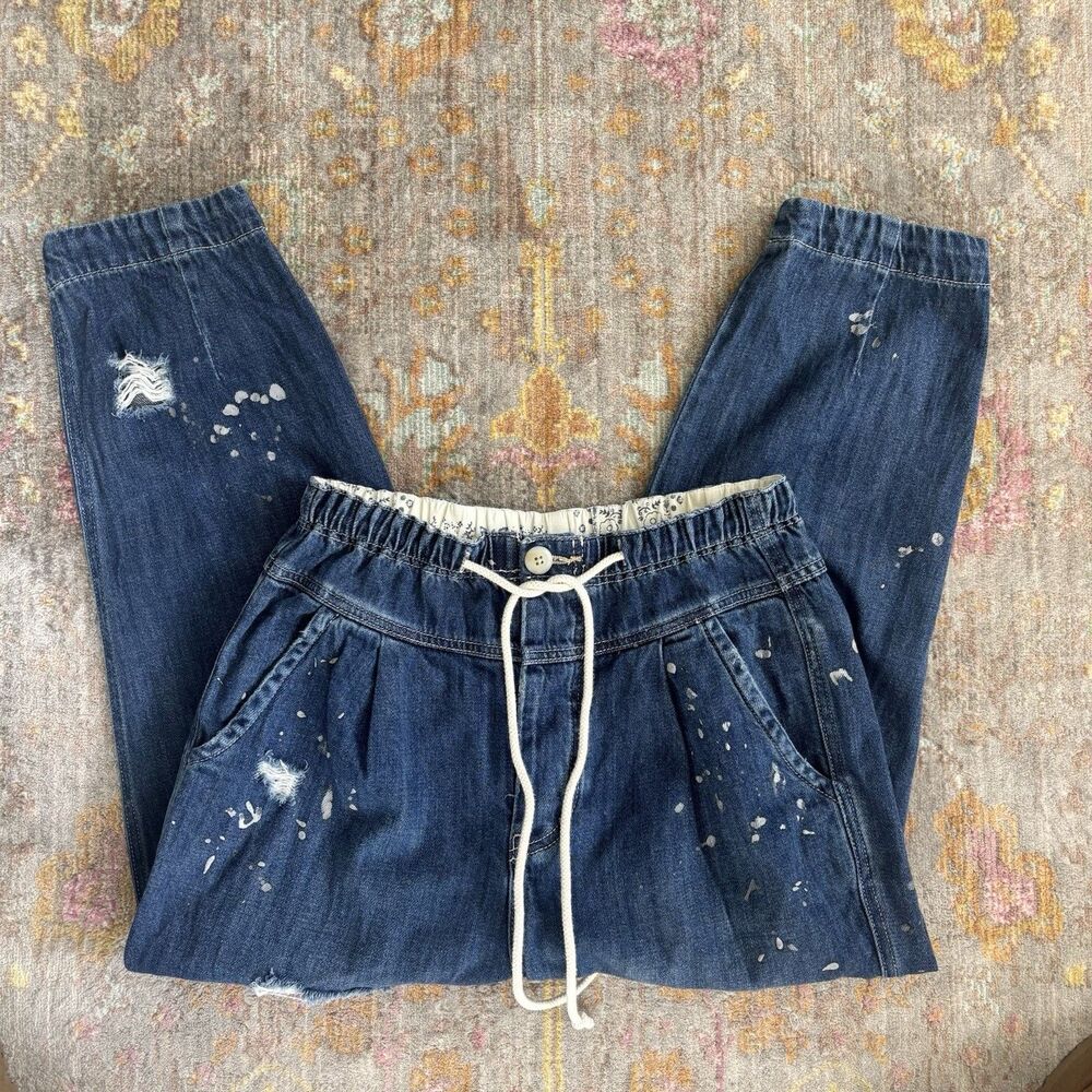 Free People XS Distressed Paint Splatter Drop Crotch Harem Denim Jeans Pull On